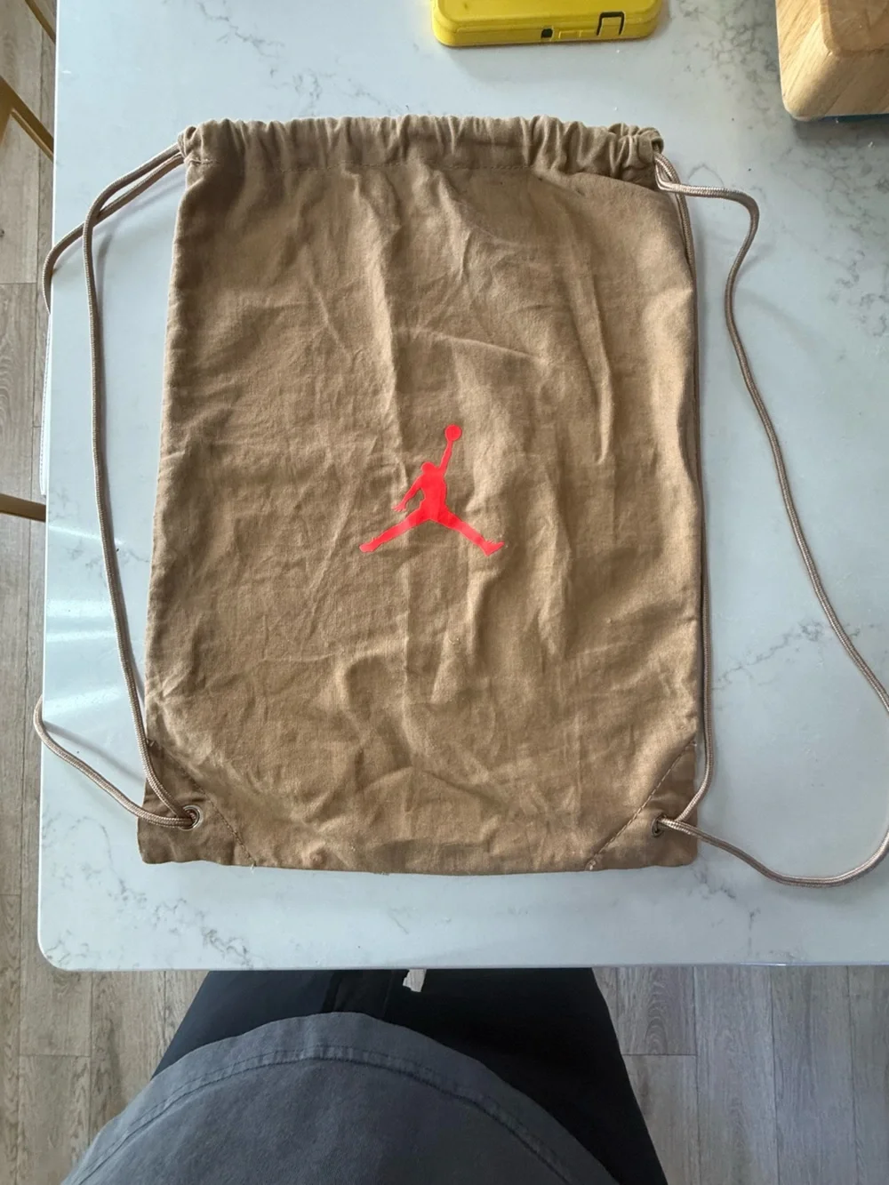 Jordan Tan Drawstring Backpack with Red Jumpman